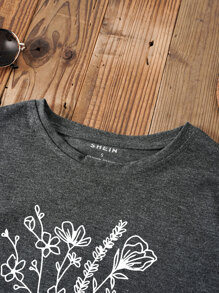 SHEIN LUNE Book And Floral Print Tee - Dark Grey - View 4