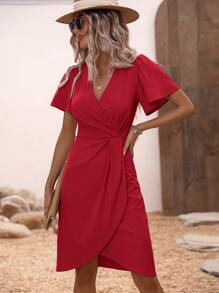 SHEIN Clasi Vestido unicolor fruncido bajo cruzado de manga mariposa - Rojo - Ver 3