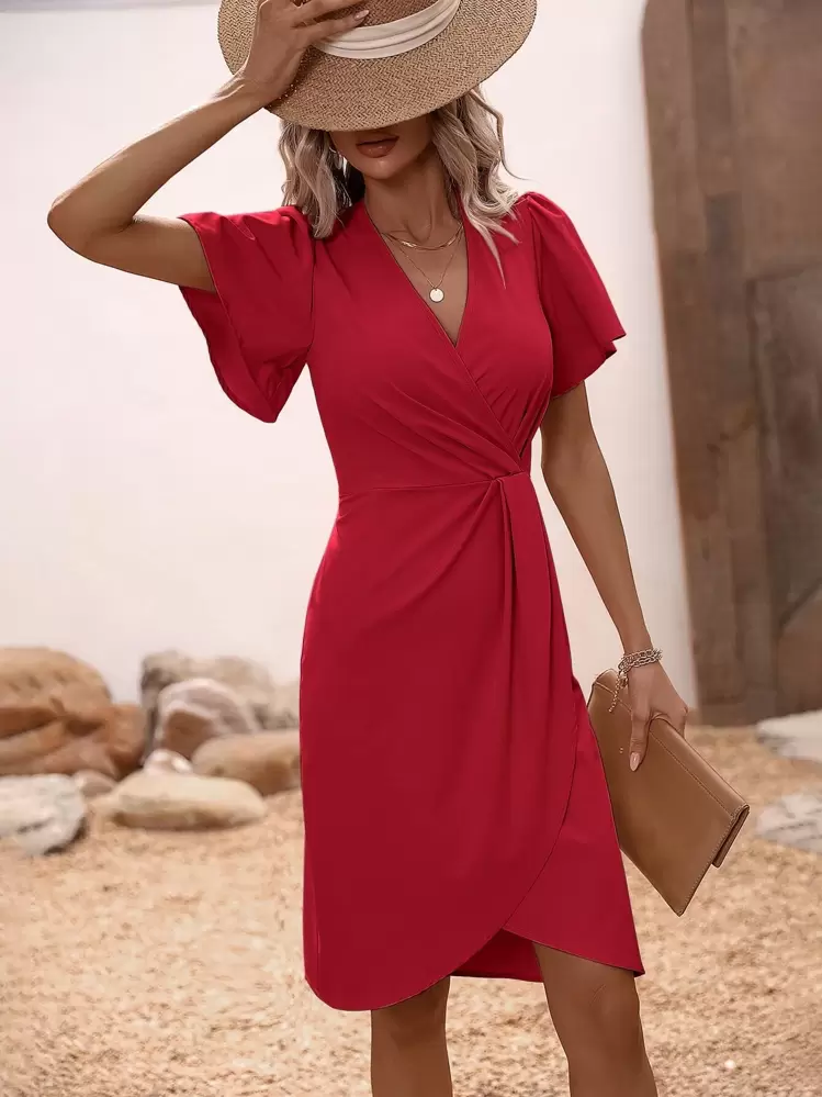 SHEIN Clasi 無地柄 フリルの付いた 裾詰み バタフライスリーブ ドレス - レッド - 見る 4