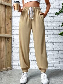 SHEIN LUNE Solid Tie Waist Slant Pocket Joggers - Khaki - View 1