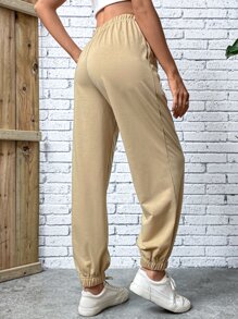 SHEIN LUNE Solid Tie Waist Slant Pocket Joggers - Khaki - View 2