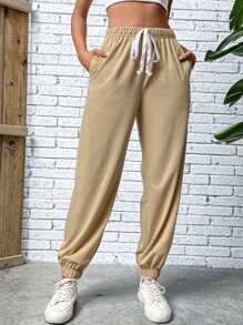 SHEIN LUNE Solid Tie Waist Slant Pocket Joggers - Khaki - View 4