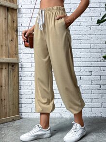 SHEIN LUNE Solid Tie Waist Slant Pocket Joggers - Khaki - View 5