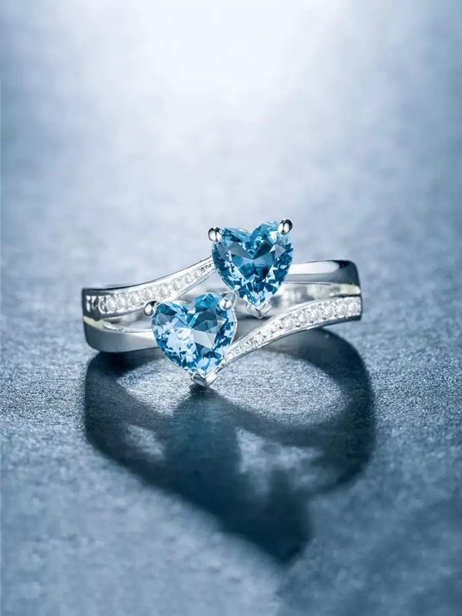 Nhẫn trang trí hình trái tim Cubic Zirconia Valentine, Mẹ, Mẹ, Ngày của Mẹ, Quà tặng - Màu xanh nhạt - Xem 1