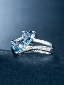 Nhẫn trang trí hình trái tim Cubic Zirconia Valentine, Mẹ, Mẹ, Ngày của Mẹ, Quà tặng - Màu xanh nhạt - Xem 2