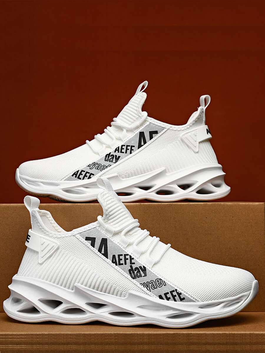 男士繫帶字母織帶裝飾運動戶外網紗運動鞋 - 白色 - 查看 1