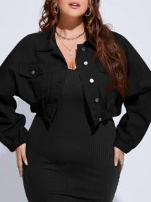 EMERY ROSE 大碼翻蓋口袋落肩袖短款牛仔夾克 - 黑色 - 查看 3