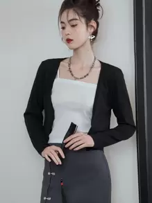 DAZY 纯色前开短款开衫，秋装 - 黑色 - 查看 1