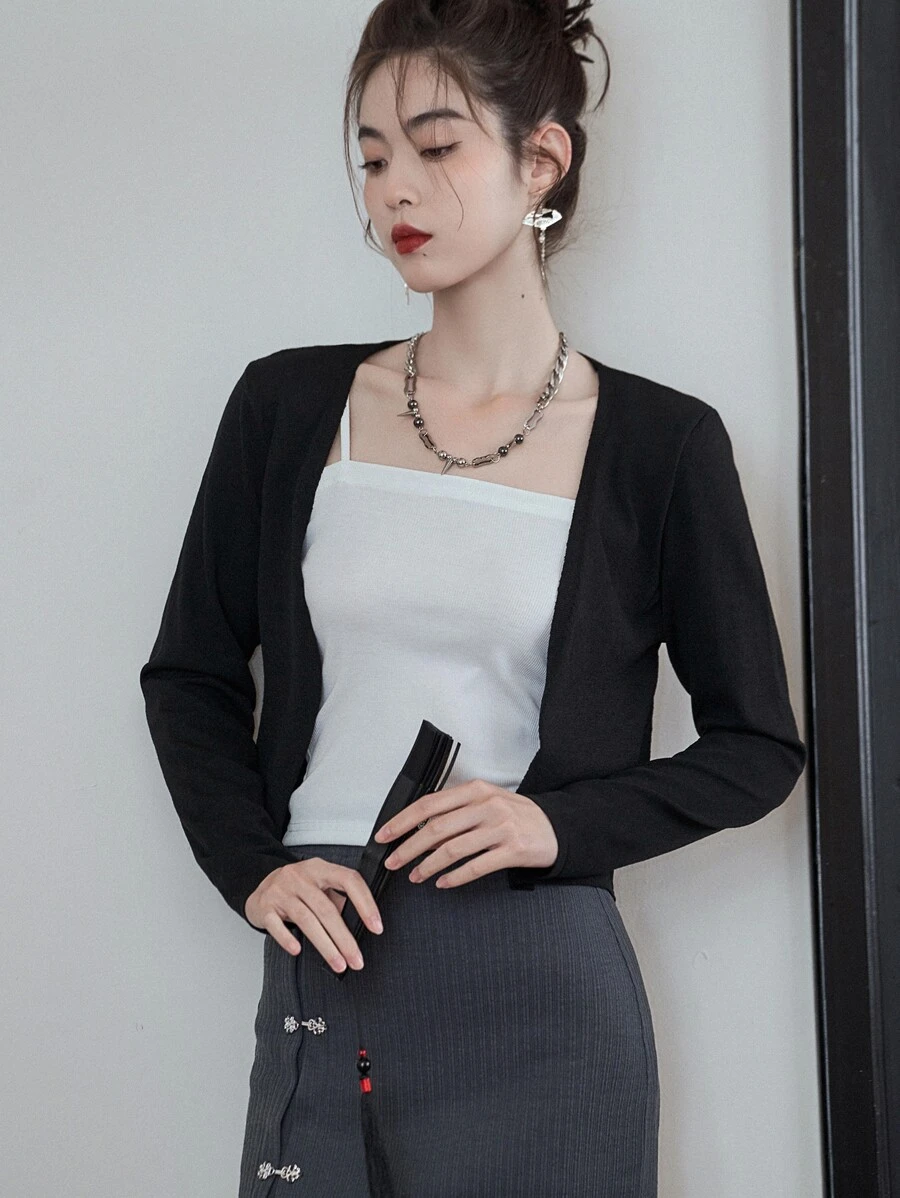 DAZY 纯色前开短款开衫，秋装 - 黑色 - 查看 1