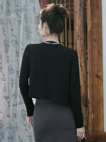 DAZY 纯色前开短款开衫，秋装 - 黑色 - 查看 2