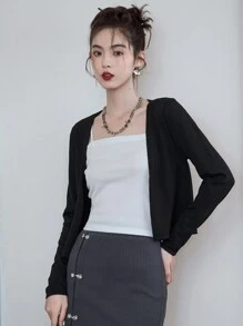 DAZY 纯色前开短款开衫，秋装 - 黑色 - 查看 3