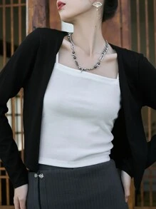 DAZY 纯色前开短款开衫，秋装 - 黑色 - 查看 4