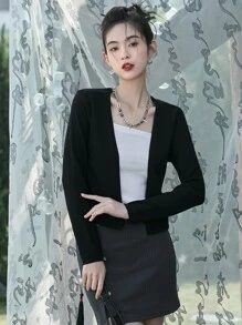 DAZY 纯色前开短款开衫，秋装 - 黑色 - 查看 5