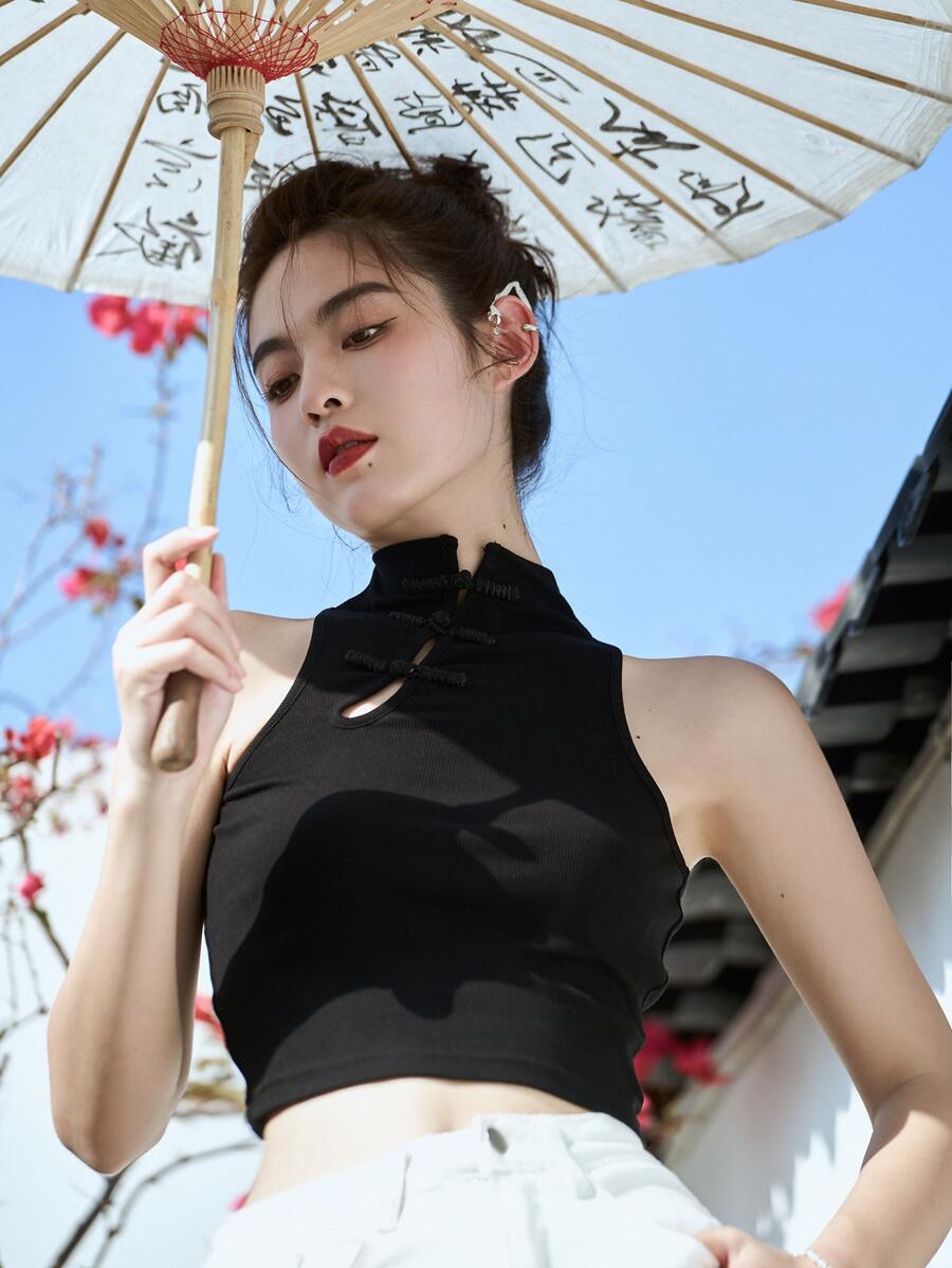 DAZY Solid Mandarin Collar Crop Tank Top - Black - View 1