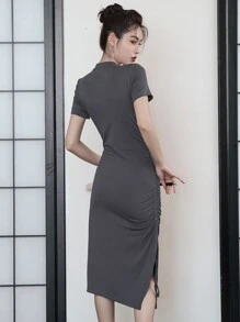 DAZY Solid Mandarin Collar Ruched Side Slit Hem Dress - Grey - View 2