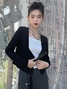 DAZY 纯色前开短款开衫，秋装 - 黑色 - 查看 7