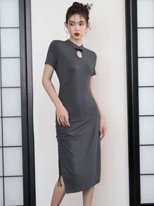 DAZY Solid Mandarin Collar Ruched Side Slit Hem Dress - Grey - View 3