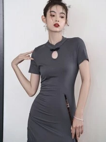 DAZY Solid Mandarin Collar Ruched Side Slit Hem Dress - Grey - View 4