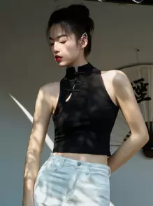 DAZY Solid Mandarin Collar Crop Tank Top - Black - View 3