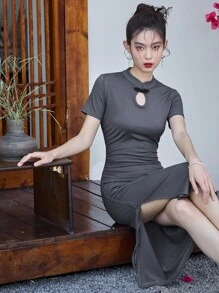 DAZY Solid Mandarin Collar Ruched Side Slit Hem Dress - Grey - View 7