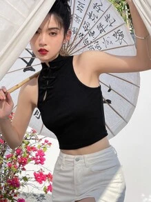 DAZY Solid Mandarin Collar Crop Tank Top - Black - View 6