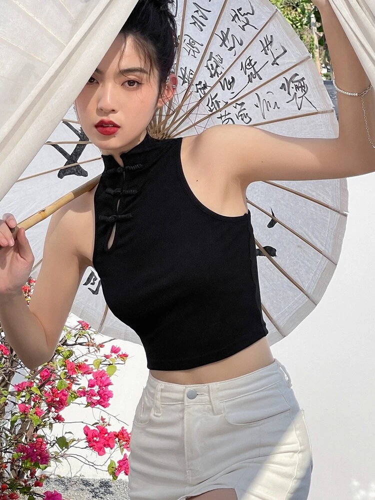 Solid Mandarin Collar Crop Tank Top