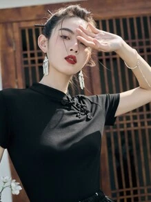 DAZY Solid Mandarin Collar Tee - Black - View 3