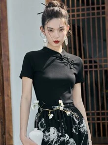 DAZY Solid Mandarin Collar Tee - Black - View 4