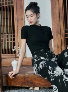 DAZY Solid Mandarin Collar Tee - Black - View 5