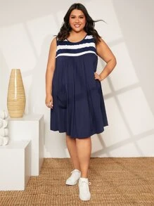 SHEIN CURVE+ Đầm Plus Size Túi Sọc Dễ thương - Màu xanh hải quân - Xem 5
