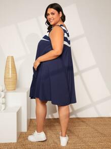 SHEIN CURVE+ Đầm Plus Size Túi Sọc Dễ thương - Màu xanh hải quân - Xem 6