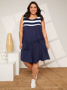 SHEIN CURVE+ Đầm Plus Size Túi Sọc Dễ thương - Màu xanh hải quân - Xem 7