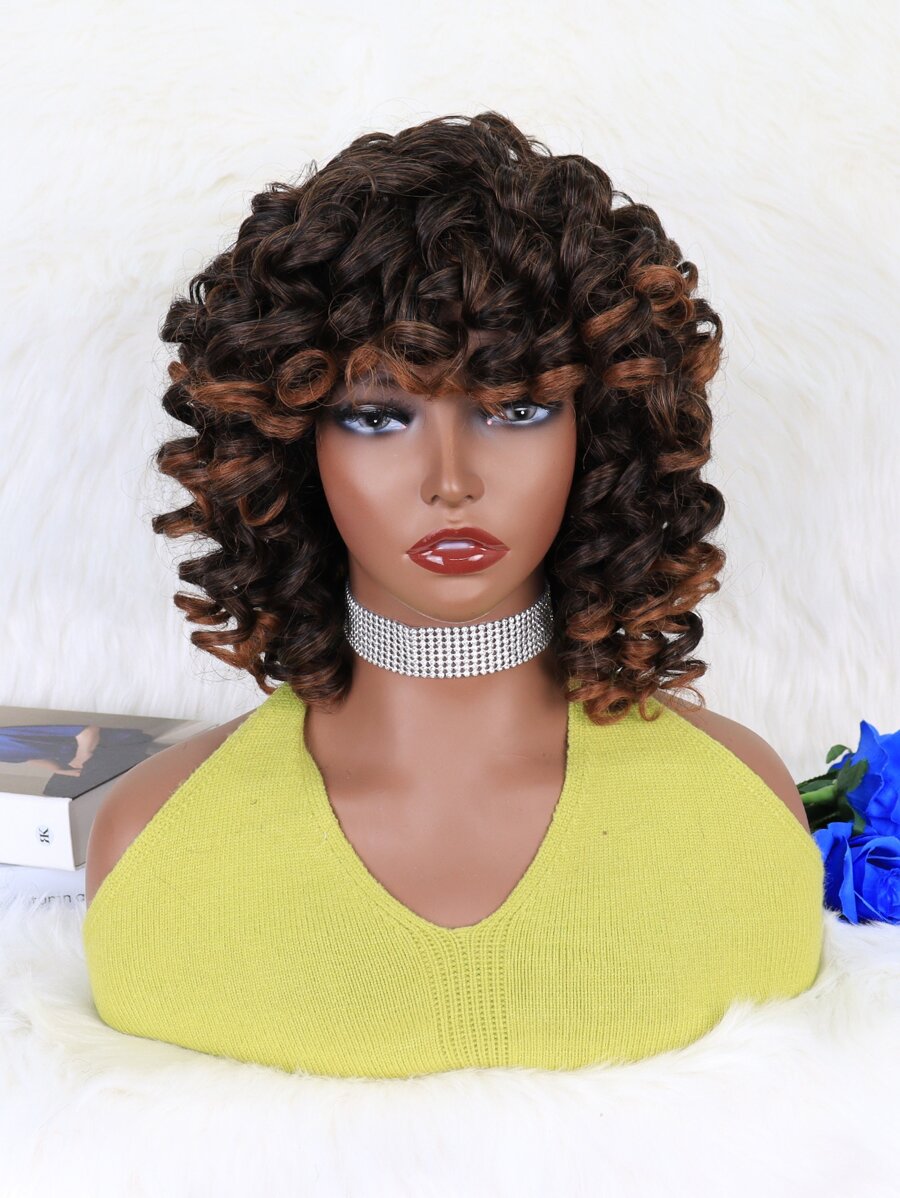 Peluca sintética corta y rizada con flequillo - Multicolor - Ver 1