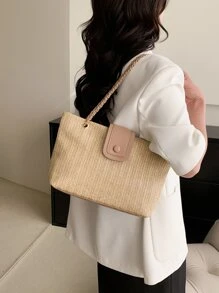 編織鏈帶手提袋 - 卡其色 - 查看 6