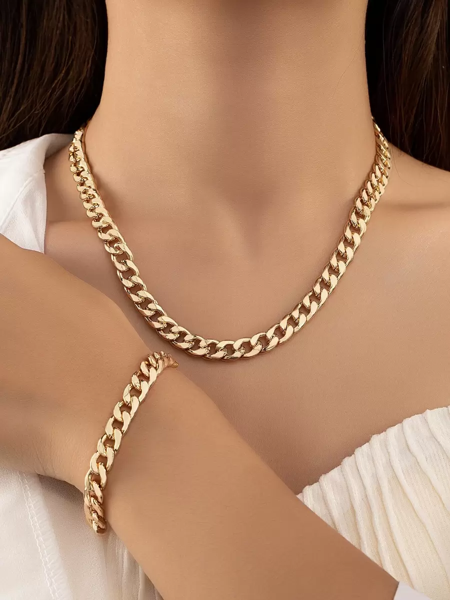 Minimalist Chain Necklace & Bracelet - Yellow Gold - View 1