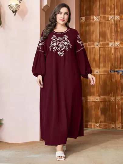 Al Najma Burgundy Red Plus Floral Embroidery Lantern Sleeve Dress, Maxi Women Outfit Fall Cloth For Women