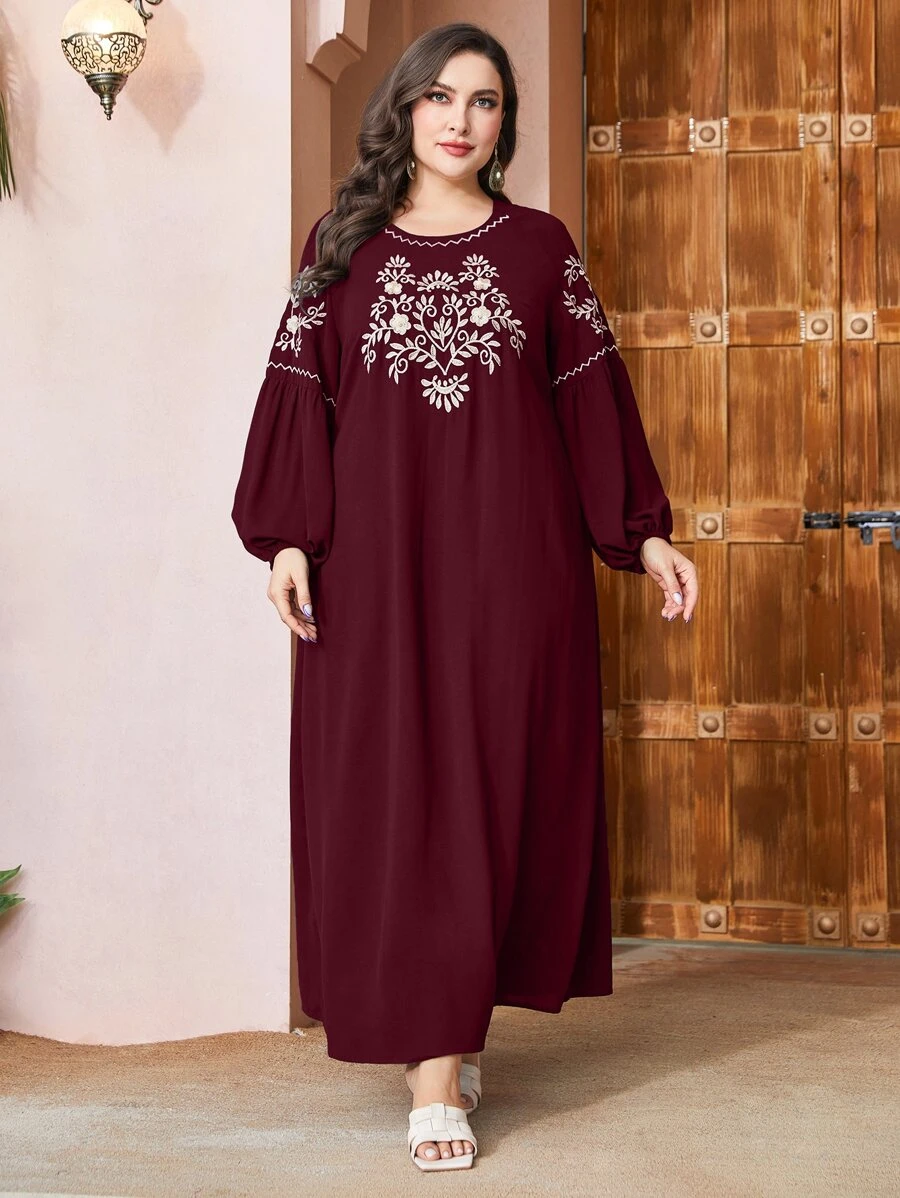 Al Najma Burgundy Red Plus Floral Embroidery Lantern Sleeve Dress, Maxi Women Outfit Fall Cloth For Women - Burgundy - View 1