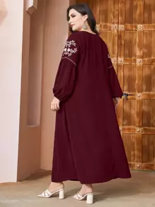 Al Najma Burgundy Red Plus Floral Embroidery Lantern Sleeve Dress, Maxi Women Outfit Fall Cloth For Women - Burgundy - View 2
