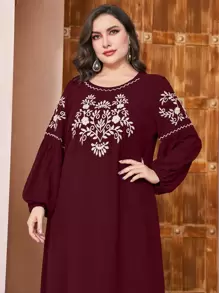 Al Najma Burgundy Red Plus Floral Embroidery Lantern Sleeve Dress, Maxi Women Outfit Fall Cloth For Women - Burgundy - View 3