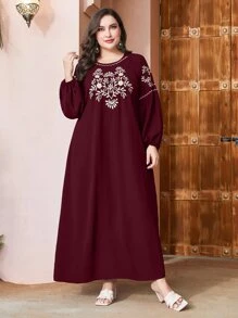 Al Najma Burgundy Red Plus Floral Embroidery Lantern Sleeve Dress, Maxi Women Outfit Fall Cloth For Women - Burgundy - View 4