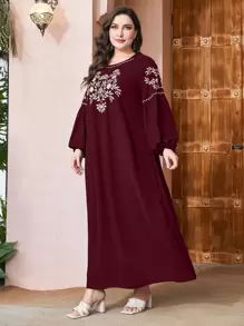 Al Najma Burgundy Red Plus Floral Embroidery Lantern Sleeve Dress, Maxi Women Outfit Fall Cloth For Women - Burgundy - View 5