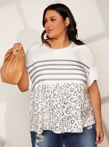 SHEIN CURVE+ 大碼條紋和豹紋落肩T恤 - 彩色 - 查看 8