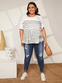 SHEIN CURVE+ 大碼條紋和豹紋落肩T恤 - 彩色 - 查看 3