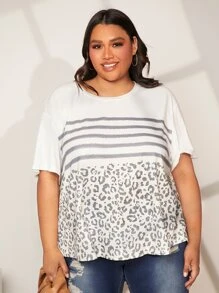 SHEIN CURVE+ 大碼條紋和豹紋落肩T恤 - 彩色 - 查看 4