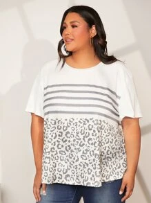 SHEIN CURVE+ 大碼條紋和豹紋落肩T恤 - 彩色 - 查看 7