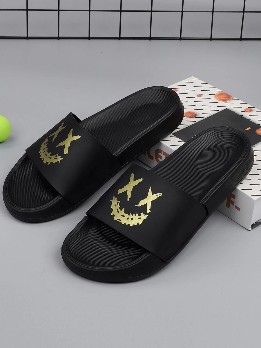 Men Single Band Cartoon Graphic Slides, Leisure Outdoor PVC Slippers - Black - View 1