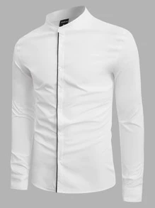 GENTILAND Men Contrast Trim Button Up Shirt - White - View 2