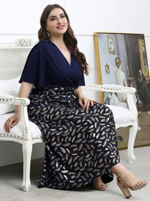 Modelyn 大碼羽毛印花交疊領洋裝 - 藍色 - 查看 3