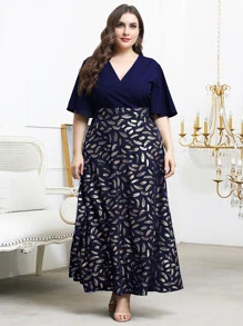 Modelyn 大碼羽毛印花交疊領洋裝 - 藍色 - 查看 4