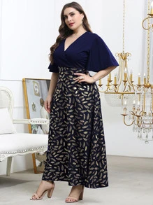 Modelyn 大碼羽毛印花交疊領洋裝 - 藍色 - 查看 6